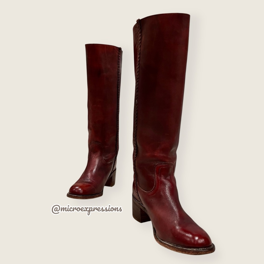 VINTAGE 1970s Frye Campus Leather Red-Brown Real Leather Braided Knee High Boot - Picture 6 of 16